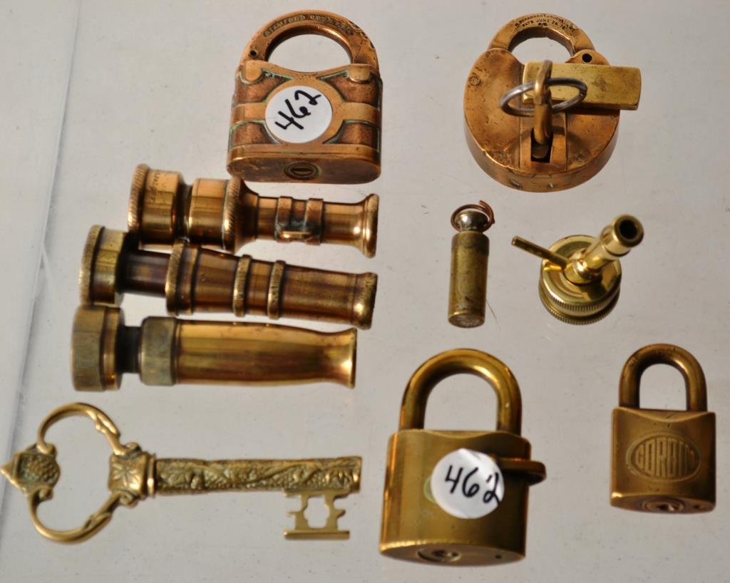 Collection of Early Brass Nozzles and Locks: Collection of 19th and early 20thC Brass nozzles and locks, including two Brass Yale lock, Corbin Cabinet lock, another lock, and more
