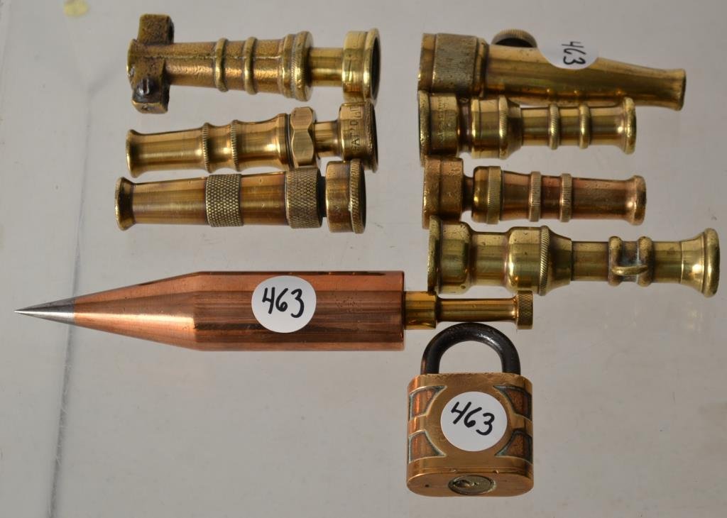 Collection of Early Brass Nozzles and a Lock: including 7 nozzles, a brass Yale lock, and a Brass plumb bob