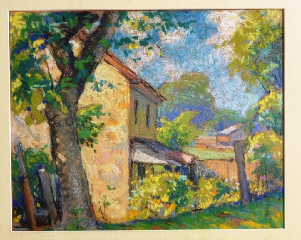 Albert Van Nesse Greene (American 1887-1971) Country: Albert Van Nesse Greene pastel on paper landscape of country home and barn, measures 14.5" x 16" OD