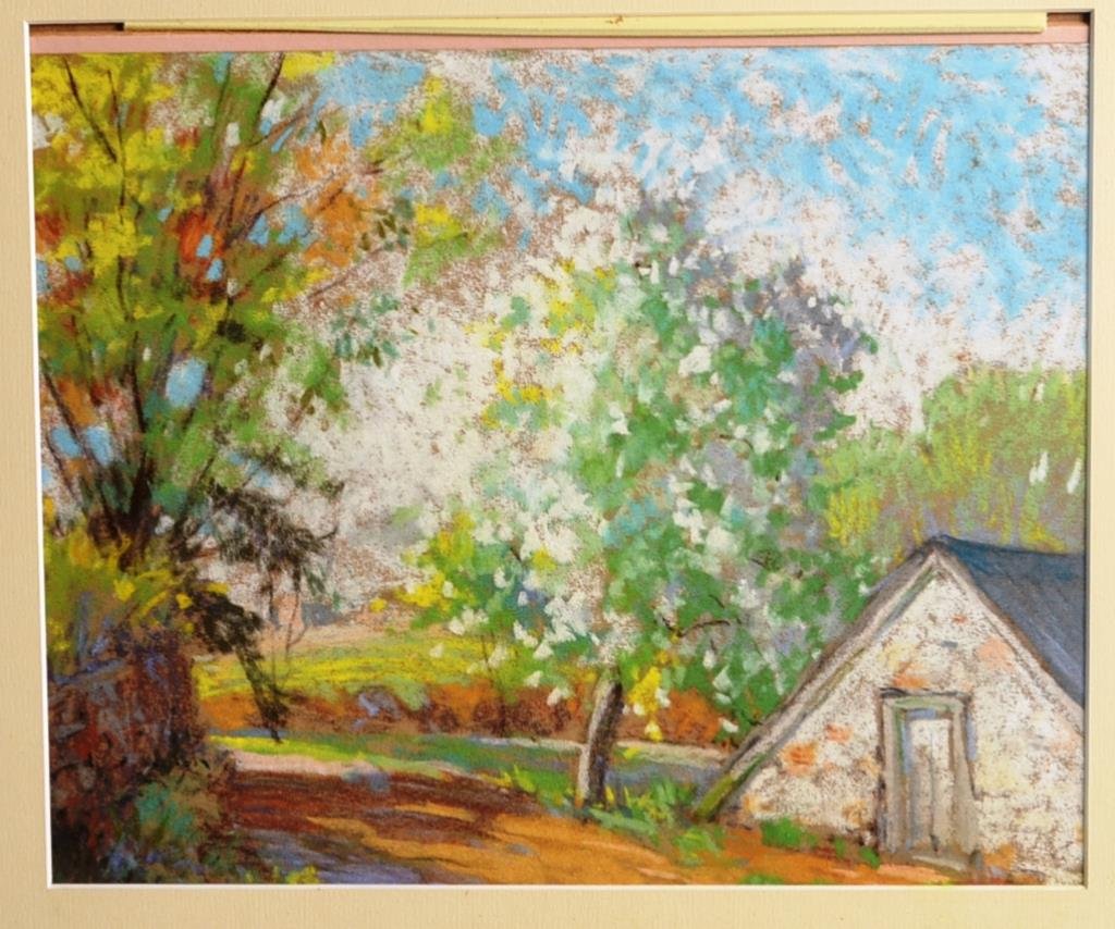Albert Van Nesse Greene (American 1887-1971) Springtime: Albert Van Nesse Greene pastel on paper of a stone walled spring house with a blossoming tree, measures 14.5" x 16" OD