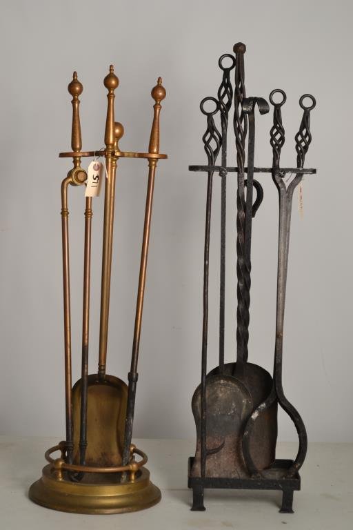 Two Pairs of Fireplace Tools: Two pairs of fireplace tools, including a solid brass pair of fireplace tools on stand, and an Arts and Crafts period set of fireplace tools