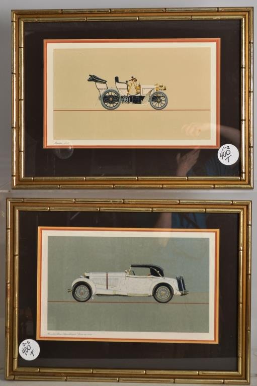 Pair of Mercedes Benz Prints: Pair of Mercedes Benz prints; one titled Super Charged Sports Car 1928, the other titled "Mercedes 1902" OD 17" x 23", nicely framed
