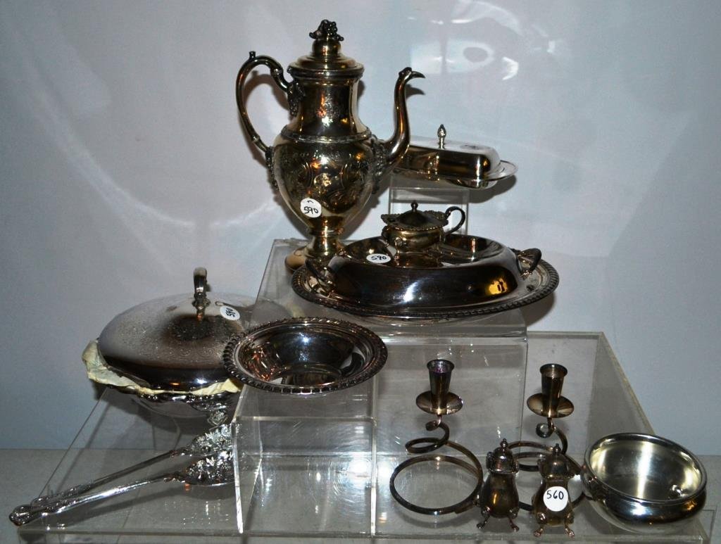 Large grouping of Silver Plated Items: Large grouping of Silver Plated Items including tea pots, coffee pots, salts an peppers etc.