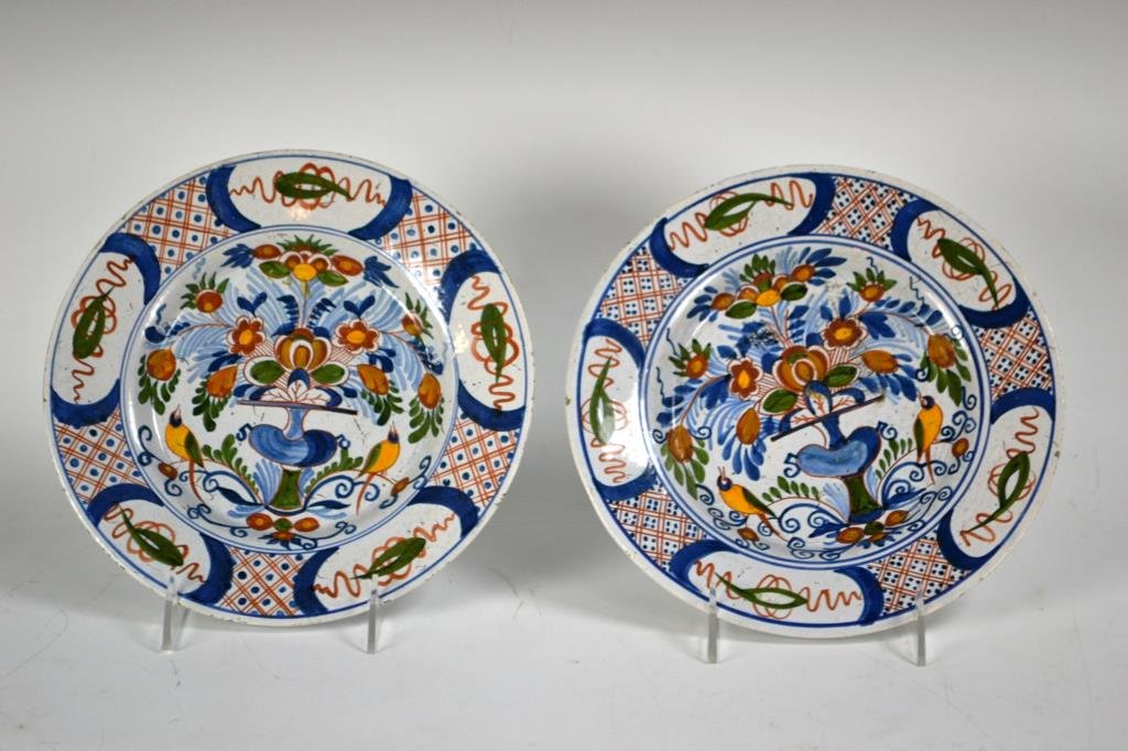 Pair of 18th Century Delft Plates: Pair of 9" Polychrome Delft plates in the Imari pattern, signed with individual initial; MD on one, CB on the other; provenance: purchased through Circa Antiques
