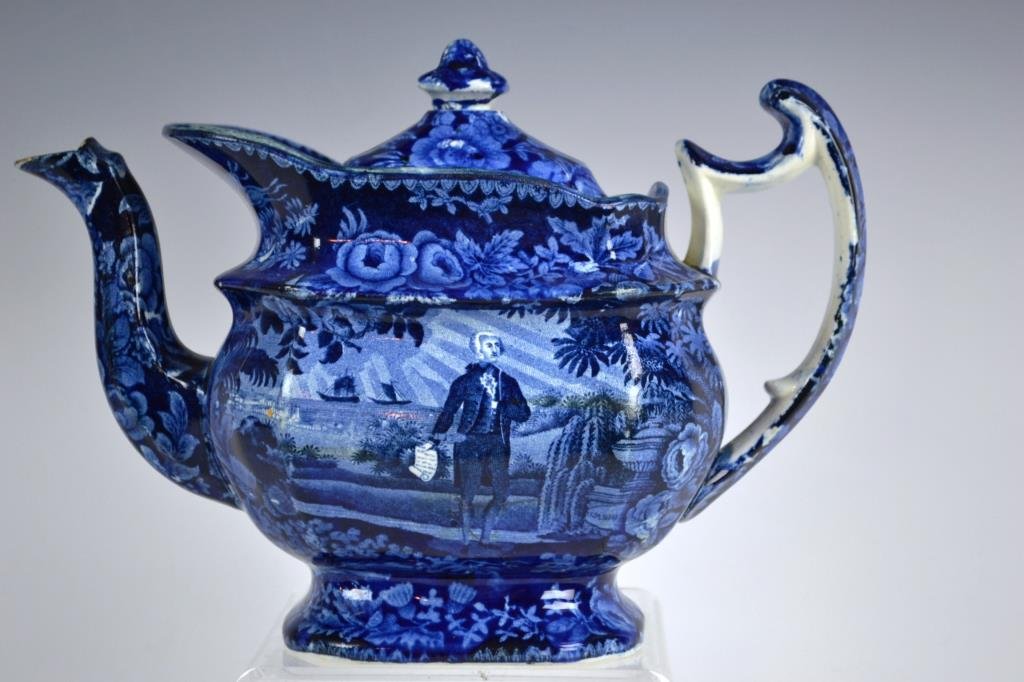 Historical Blue 19th Century Transfer "Washington: Historical Blue 19th Century transfer teapot "Washington Standing at His Tomb, Scroll In Hand" (old repair with staples)