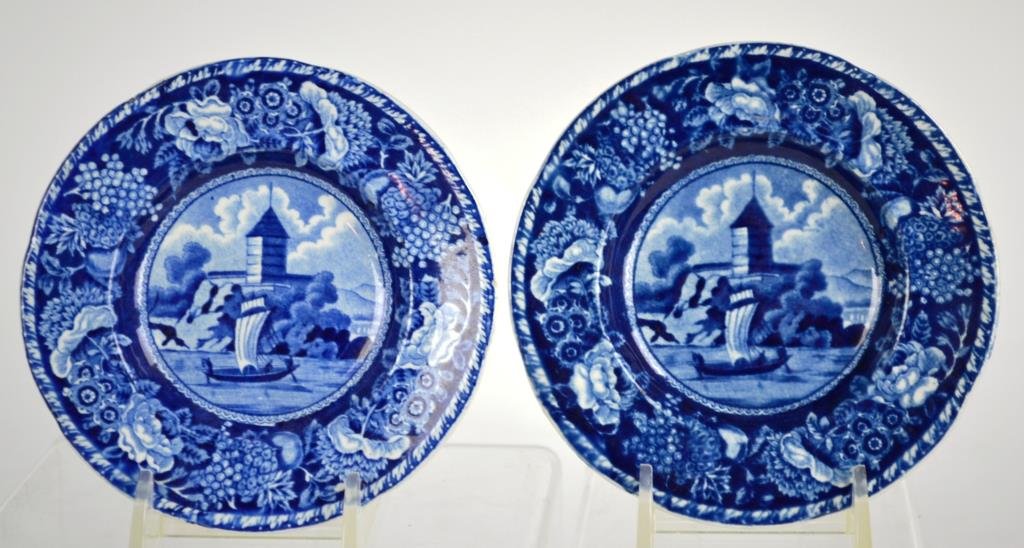 Two Historical Blue 19th Century Cup Plates by I.: Two Blue Transfer cup plates featuring a boat sailing the Ganges near a tower on a hill. "Oriental Scenery, Faker's Rock" by I. Hall & Sons, measure 4.25"dia