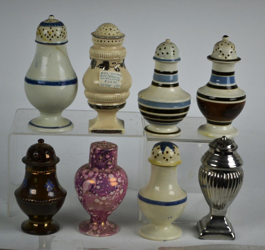 Collection of Pepper Pots including Mochaware: Collection of Pepper Pots including a mochaware stylized sponge decoration, mochaware with dark brown and blue banding, pink luster, silver luster, copper luster, soft paste, Staffordshire silver lust
