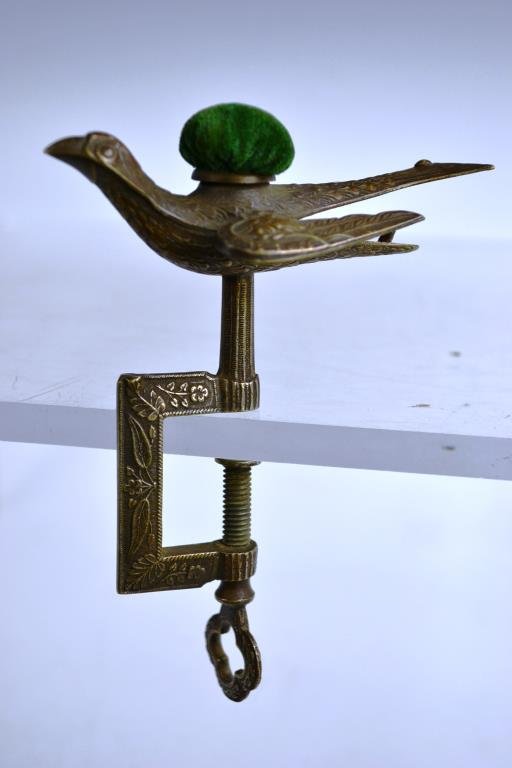 19th Brass Sewing Bird and Pincushion: 19th C iron sewing bird and pincushion