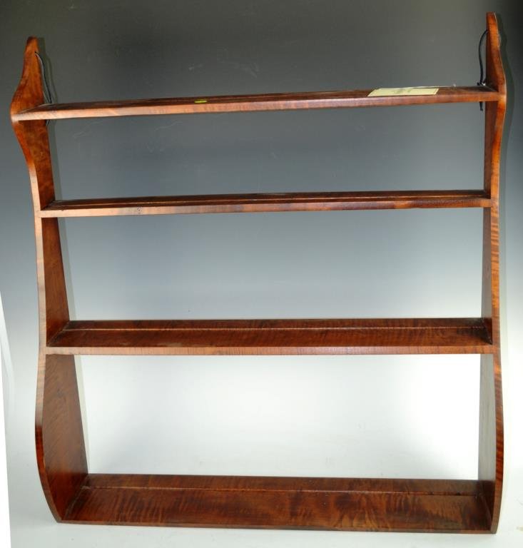 Chippendale Style Hanging Shelf in Cabinet Made Ti: Cabinet made hanging shelf in the style of a Chippendale whale tail, made by the workshops of David Smith (no label) measures 34 x 30.25 x 7"d