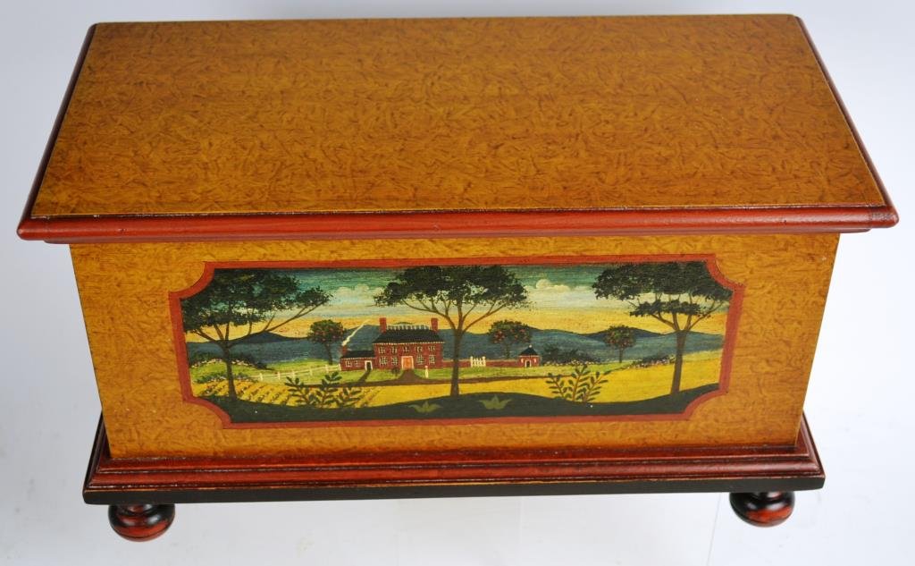 Chippendale Style Cabinet Made Miniature Blanket C: Chippendale style cabinet made miniature blanket chest in faux grain paint with American landscape over molded base and turned feet, bottom is inscribed "Hand painted by Robert Enders" and it measures
