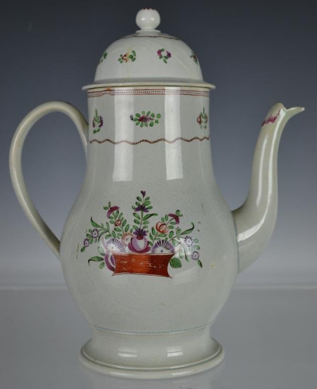 18th C Creamware Lidded Coffee Pot: 18th C Creamware coffee pot, in Basket of Flowers decoration 10.5" H (partial restorations to lid)
