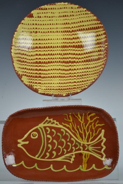 Long Pottery Grouping: Pottery grouping from the Long Family Pottery includes; slip decorated charger measuring 8.75"dia marked "A. L. Long 1984" and a Loaf dish marked "Dorothy Long"