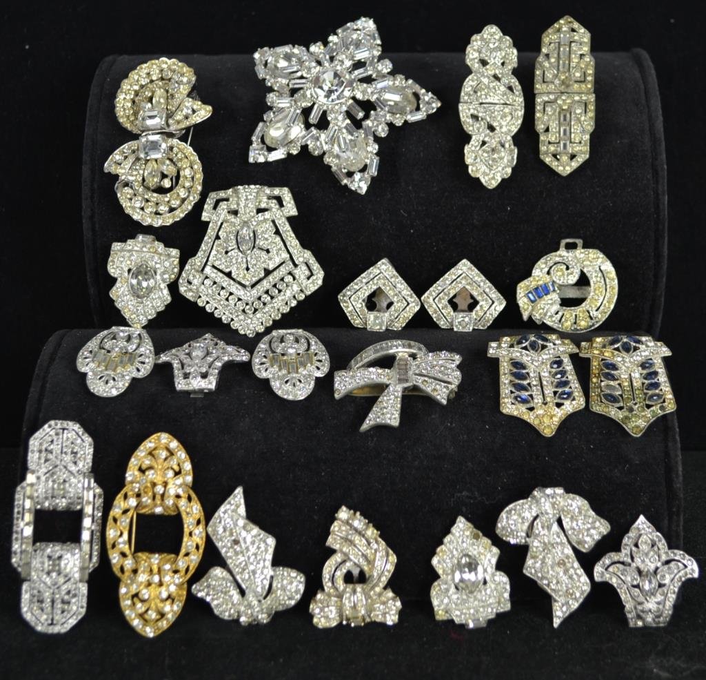 Vintage Rhinestone Brooch and Scarf Clip Grouping: Vintage rhinestone brooch and scarf clip lot includes; Coro, Coro Duette Pin gold toned with rhinestones, art deco in design, nice collection of twenty one vintage pieces