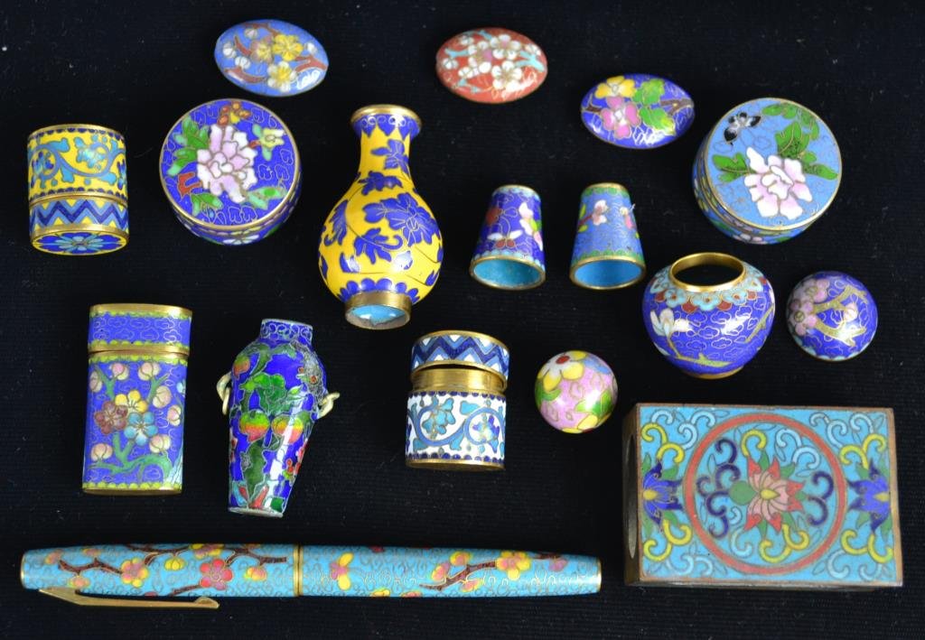 Miniature Cloisonné Lot: Miniature CloisonnÃ© lot of appx 13 pieces; includes pill boxes, jardinerres, match safe, thimbles, a ginger jar (with lid) as well as miniature items such as a fountain pen and two vases, and Clois