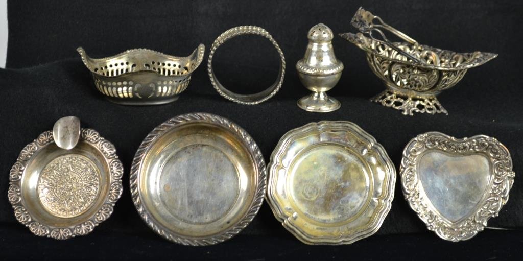 Grouping of Sterling Silver Items: Grouping includes; two salts, an ashtray, napkin ring, etc