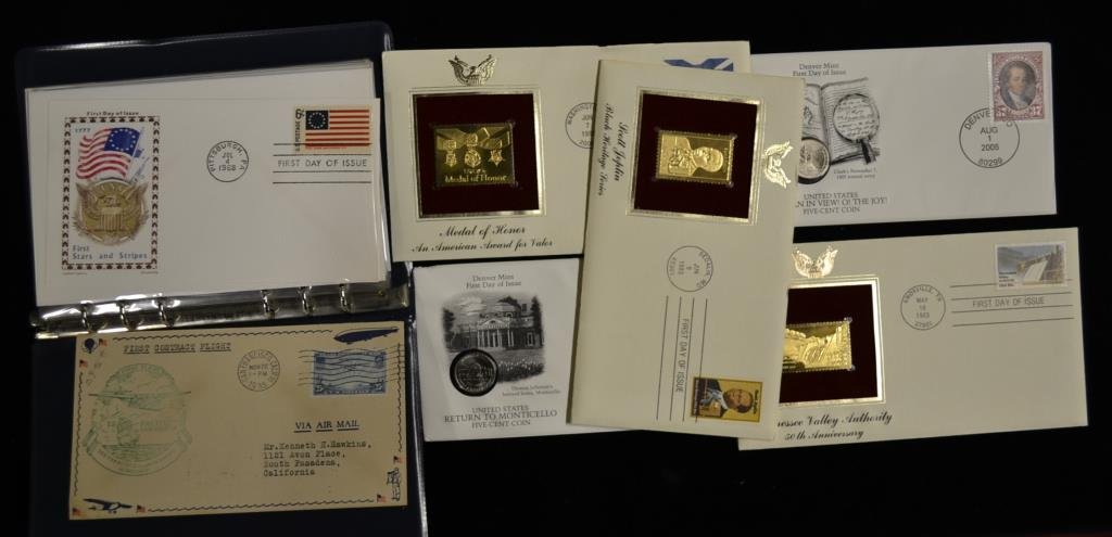 Assorted Coin And Stamp Lot: First Contract Flight 1935 San Francisco- Honolulu dated 11/22/1935,1968 first day of issue with the subject of the US flag, 2005 Denver mint first day issue nickel, 2006 Denver mint five cent coin, 1