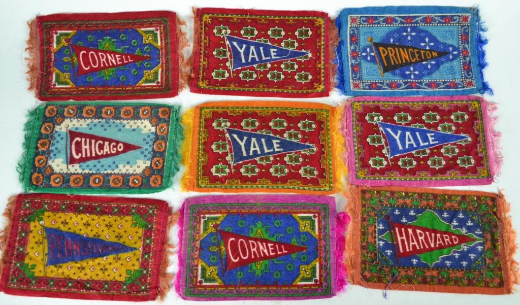 Nine College Tobacco Silks: Nine college tobacco silks, each measuring 4.5" x 7" colleges include Yale, Cornell, Harvard, etc