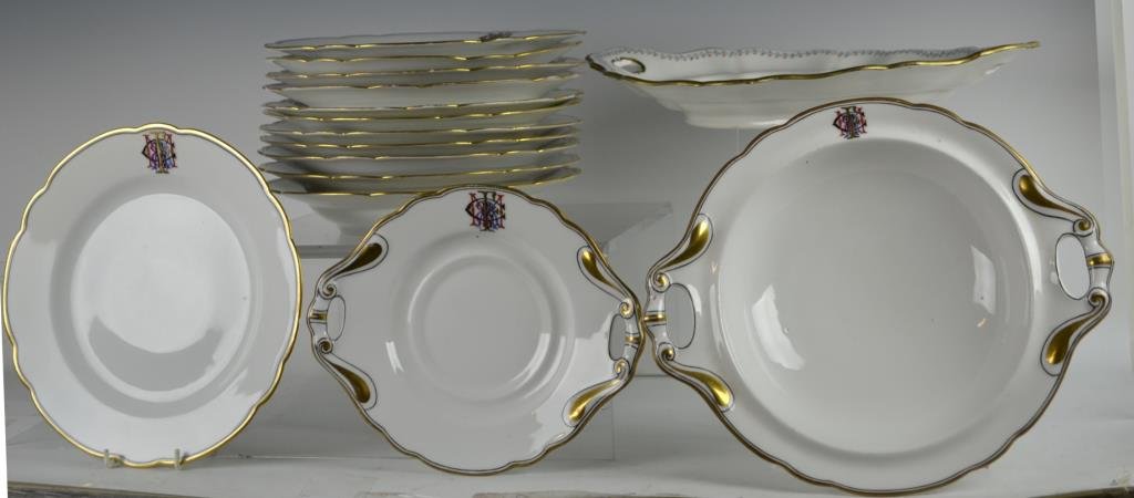 Partial Spode Style Dinner Service: Partial Spode style dinner service, including an open vegetable, five bowls (one with hairline) seven 10" plates (one with hairline) an undertray, and unrelated platter; bowls measure 10" dia