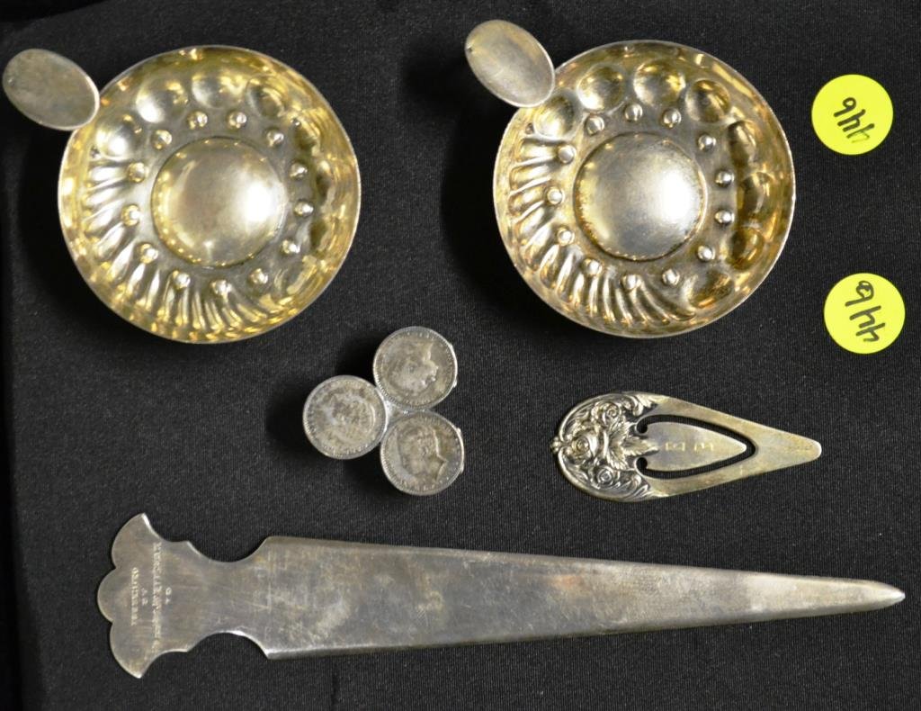 Sterling Silver Lot: Sterling silver letter opener, coin box, bookmark by S.Kirk & Son and pair of French sterling ash trays