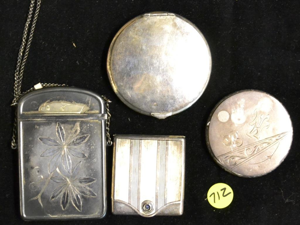 Sterling Compact & Silver Boxes: Sterling compact and unmarked compact along with 2 unmarked card cases