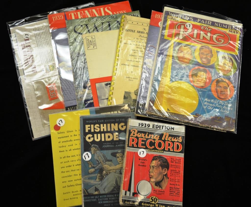 Sports Related Ephemera from 1939 New York Worlds: Eleven item grouping includes fishing, boxing, baseball, tennis and swimming magazines as well as related advertisements