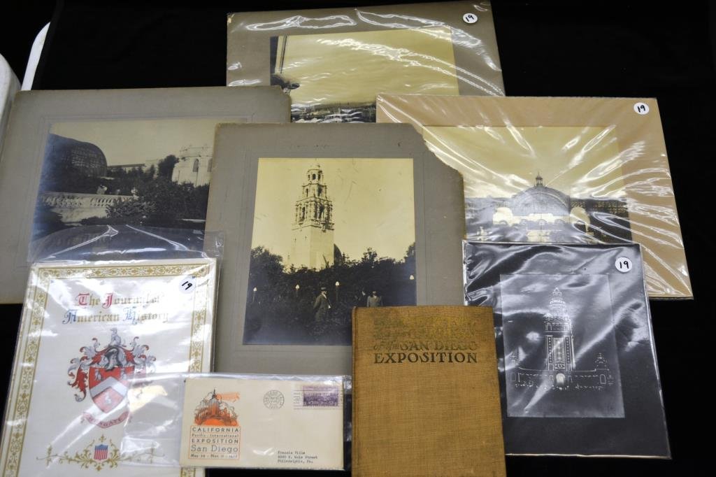 Group of Four 1915 San Diego Expo Photos: Grouping of four large photographs (identified on the back) with different views of the expo, and another unknown photo (might be California State Building at night), two first day covers from the 193