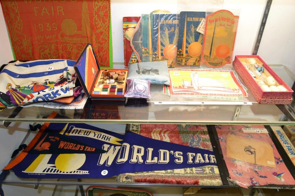 Textile and Textile Related Souvenirs of the 1939: Souvenirs include; handkerchiefs, two banners, two hats, seven needle books, a silk sample kit from Japan, and a woven rug (20" x 38")