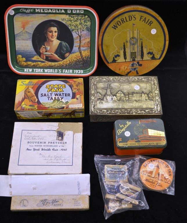 Food Related Souvenirs from the 1939 New York Worl: 1939 New York Worlds Fair food souvenirs include; Medaglin D'oro coffee tray, Bagatelle chocolate tin, four pairs of drinking straws, a Vitex-Glas knife (in box) three boxes of toothpicks, six sugar c