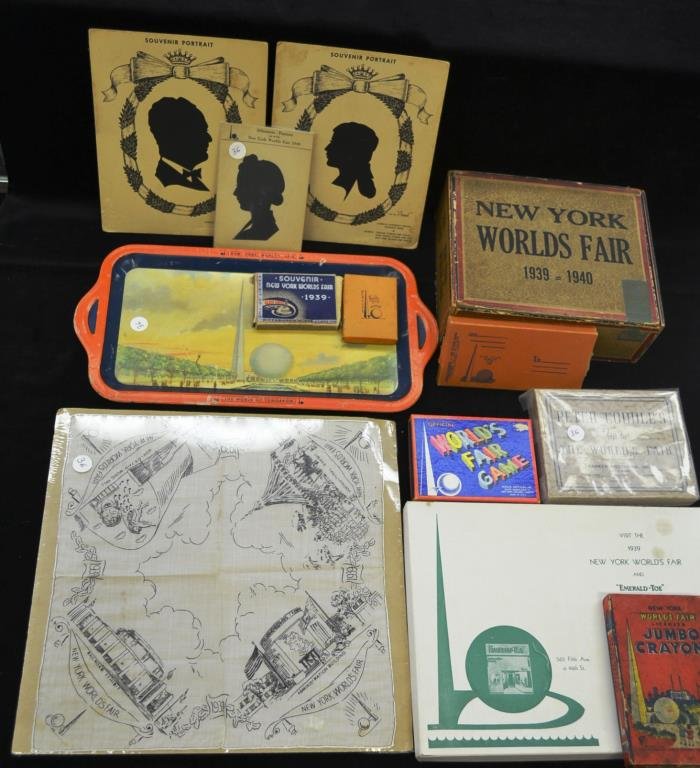 Grouping of 1939 New York Worlds Fair Souvenirs: New York Worlds Fair souvenirs include; a serving tray, three silhouettes, a hanky, two souvenir mirrors in box, an official New York Worlds Fair game, jumbo crayons, "Peter Coddles Trip to the Worlds