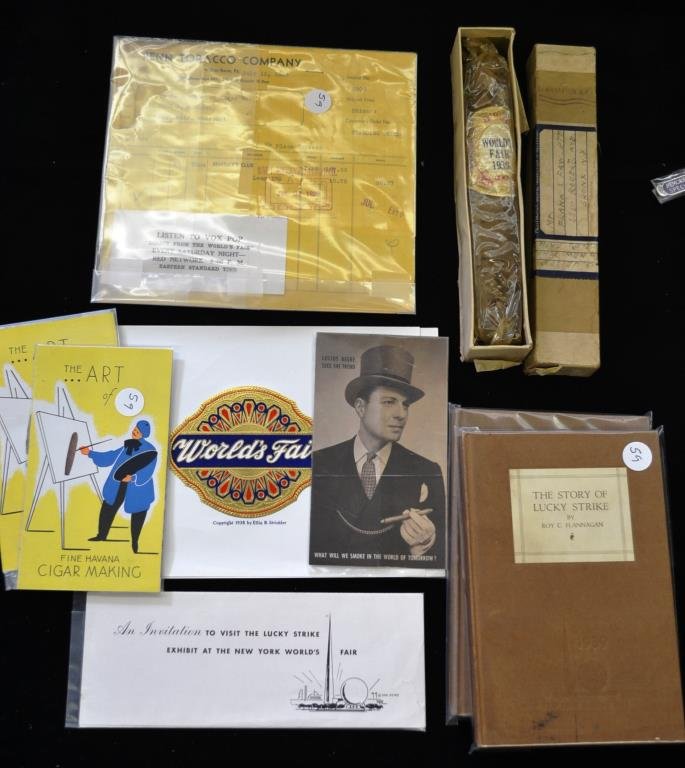 1939 New York World's Fair Smoking Grouping: Cigar in original packaging and original box, a cigar band, multiple cigar box labels, Florida State exhibit "The Art of Fine Cigar Making" (2 copies), an invoice of "The Penn Tobacco Company" (7 case