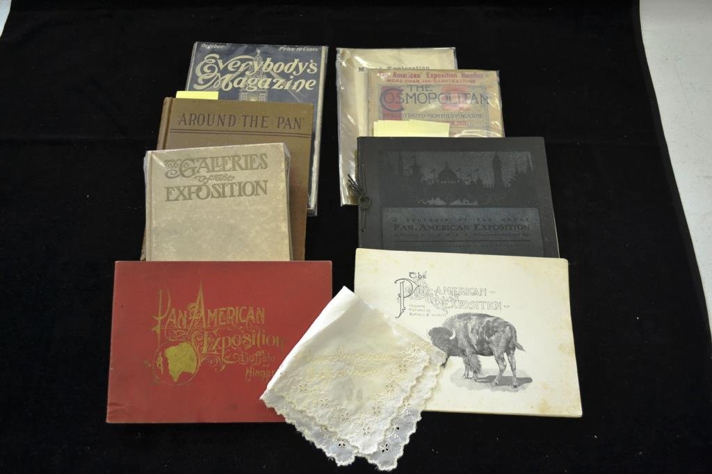 Collection of Books and Magazines from the 1901 Pa: Includes galleries of the exposition, "Around the Pan" Sept 1901 Cosmopolitan, October 1901 "Everybody's Magazine" a pamphlet on 'Mound Exploration'