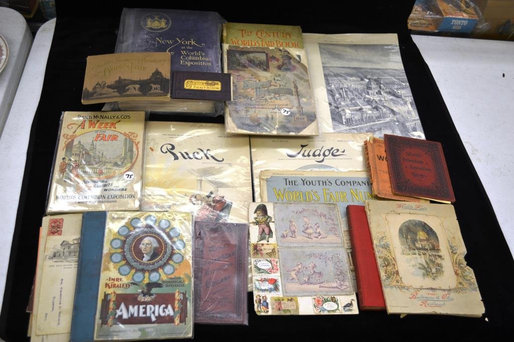 1893 Worlds Columbian Exposition Grouping: Grouping includes; souvenir spoon, lead coaster, agricultural building plate (in good condition) "New York at the Worlds Columbian Exposition" "The Century World's Fair Book for Boys and Girls" two bo