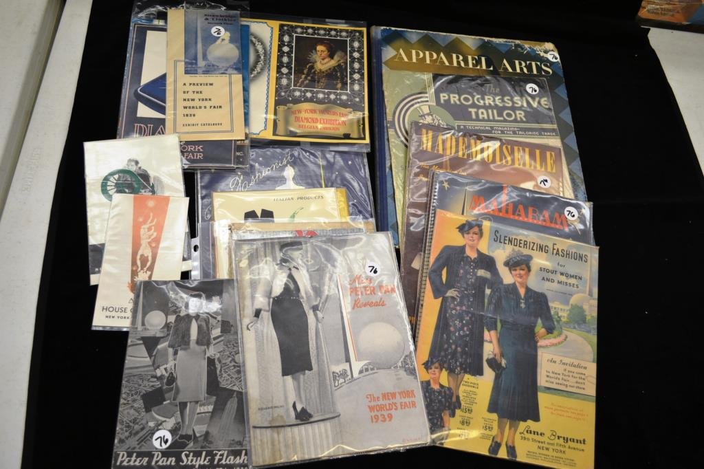 1939 New York World Fair Fashion Grouping: Grouping includes books and magazines including; Macy's Youth Center, Peter Pan style flash, Italian products (regarding clothing neckties) Buttermilk Fashion magazine, Strawbridge and Clothier, Adoni