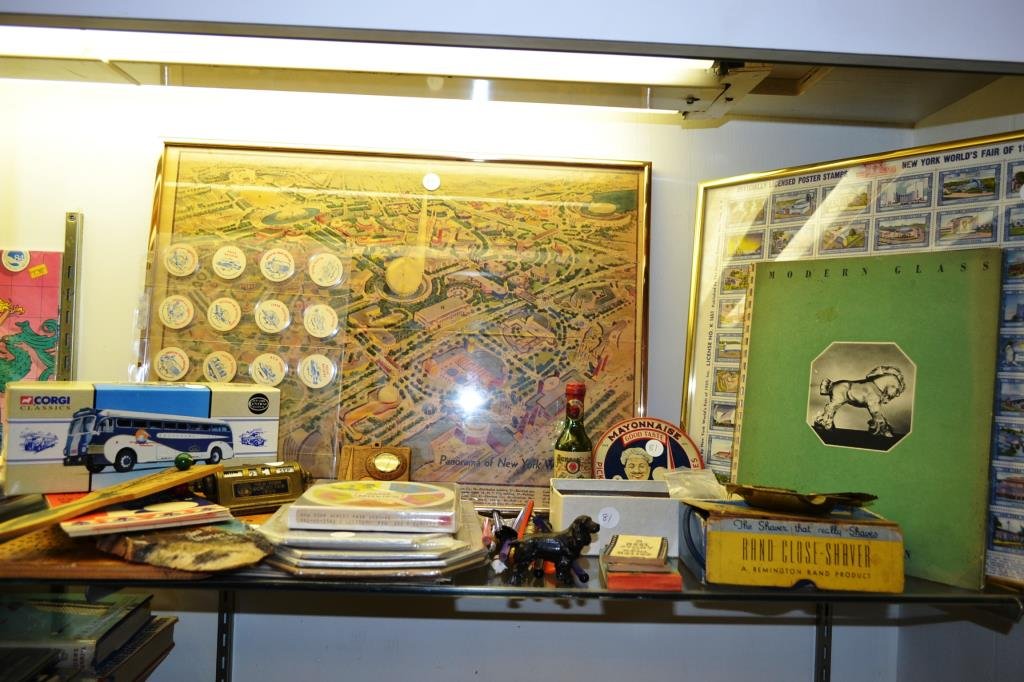 Large Grouping of 1939 New York Worlds Fair: Including Pictures, Photographs, painted wood, desk calendar, thermometer, Vermouth, Oliver's Mayo lid, Rand close shaver, Steuben Glass book