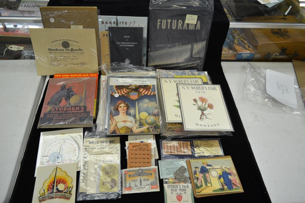 1939 New York World's Fair Ephemera: Includes King George VII visitation Paperwork, Sheet Music, Advertising, The Tommy Tucker, 1939 Stoeger's gun catalog and handbook (original and reprint) Futurama Book from GM, World's Fair Appreciati