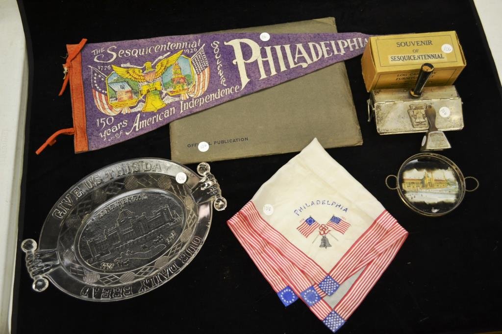 1926 Philadelphia Sesquicentennial International E: Philadelphia Sesquicentennial International Exposition includes; Silver plate Sanitary Dustpan, a bell, embossed plate "Give Us This Day Our Daily Bread" Philadelphia pennant, handkerchief, prints of 