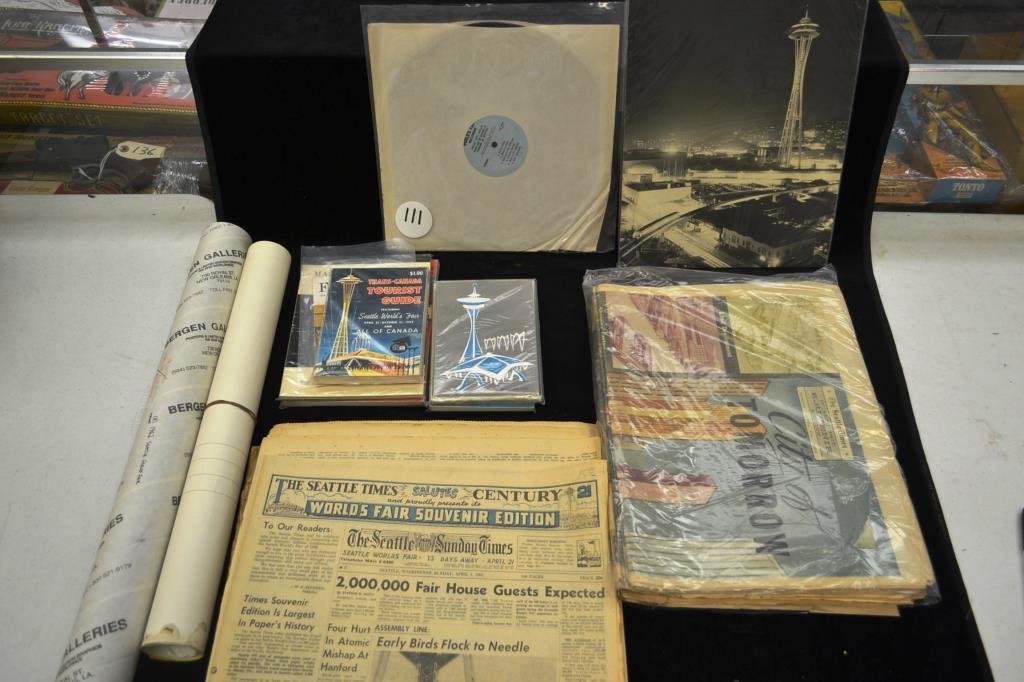 1962 Worlds Fair Ephemera Lot: includes newspaper clippings, Trans Canada Tourist guide, official guide to Seattle, stationary,