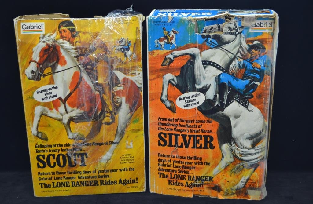 Lone Ranger Horse Duo: Lone Ranger Silver and Scout, manufactured by Gabriel, in original boxes, boxes have condition issues