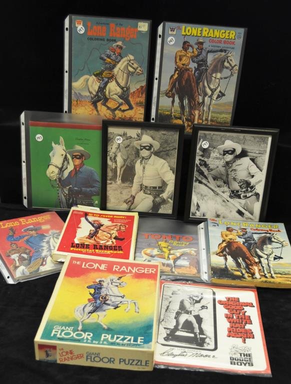 Lone Ranger Pictorial Scrapbook Group: Group contains the Lone Ranger Pictorial Scrapbook, a pad with Clayton Moore as the Lone Ranger, the Original "Good Guy Clayton Moore" card/pamphlet, two 8" x 10" photos of the Lone Ranger (unsigned) 