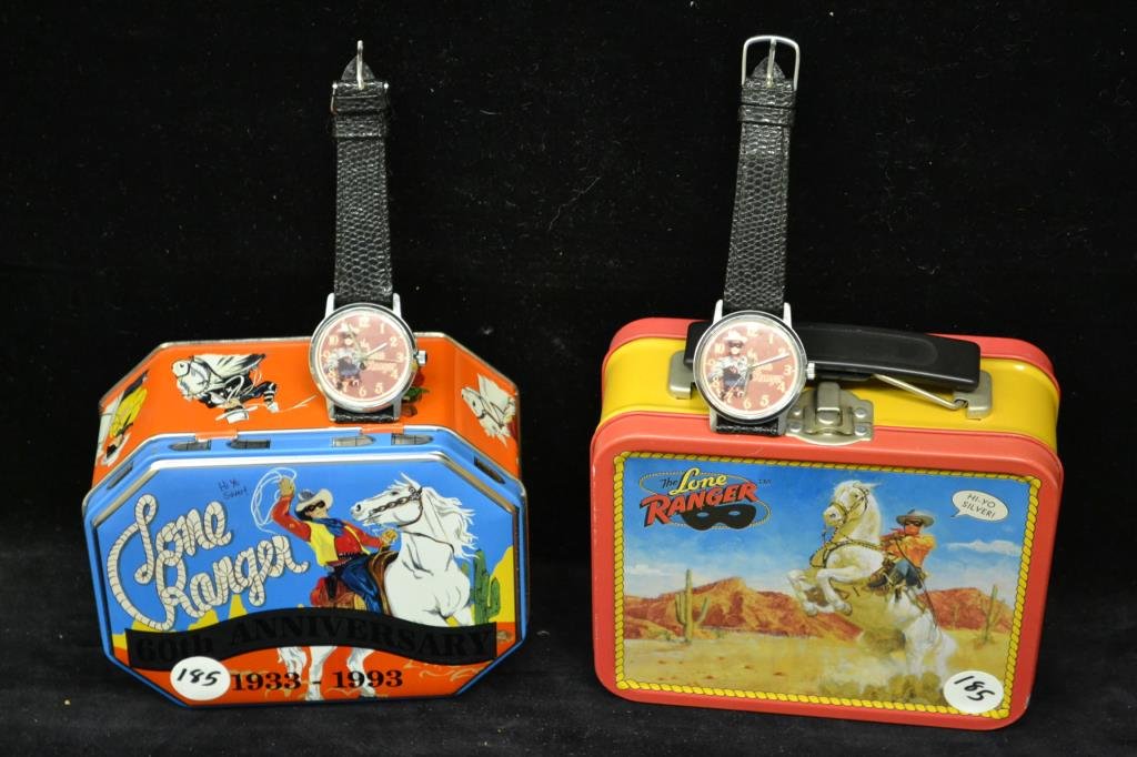 Contemporary Lone Ranger Items: Collection of contemporary Lone Ranger items includes; two unmarked Lone Ranger watches, a Lone Ranger Fossil watch and bandana set in tin, a 60th anniversary Lone Ranger pocket knife in tin