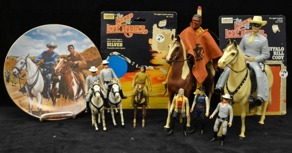 Lone Ranger Action Figures Lot: Grouping of action figures include; Lone Ranger riding Silver, and Tonto riding Scout made by Heartland (1:9 scale) as well as two sets of Lone Ranger and Silver made by Gabriel, one Tonto with Scout 