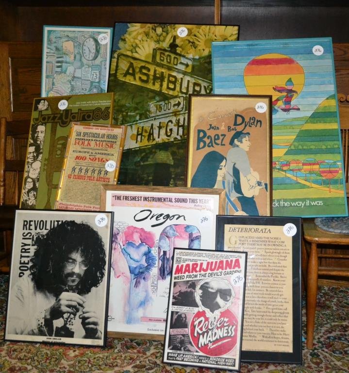 Grouping of 1960's Era Posters and A: Grouping of 1960's era posters including Reefer Madness appx 12" x 20" Ronin Film 1972, Philadelphia Folk Festival poster (featuring John Hartford, Doc Watson and Son, Oscar Brand) Graham Watson, Joan