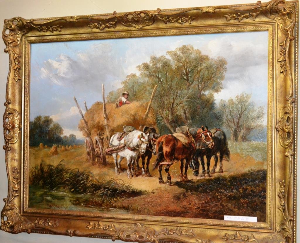 Harden Sidney Melville (1837 - 1881): Harden Sidney Melville oil on canvas, Team of Horses and an early hay wagon, in good condition, in ornate frame (frame has minor damage) OD 29.25" x 39.5"