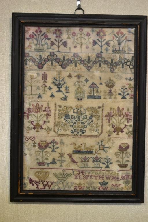 Early 19thC English Sampler on Silk: Early 19th C English sampler on silk, signed "Elspeth Walker" finely decorated, flora and fauna, and several crowns and hearts (loss)