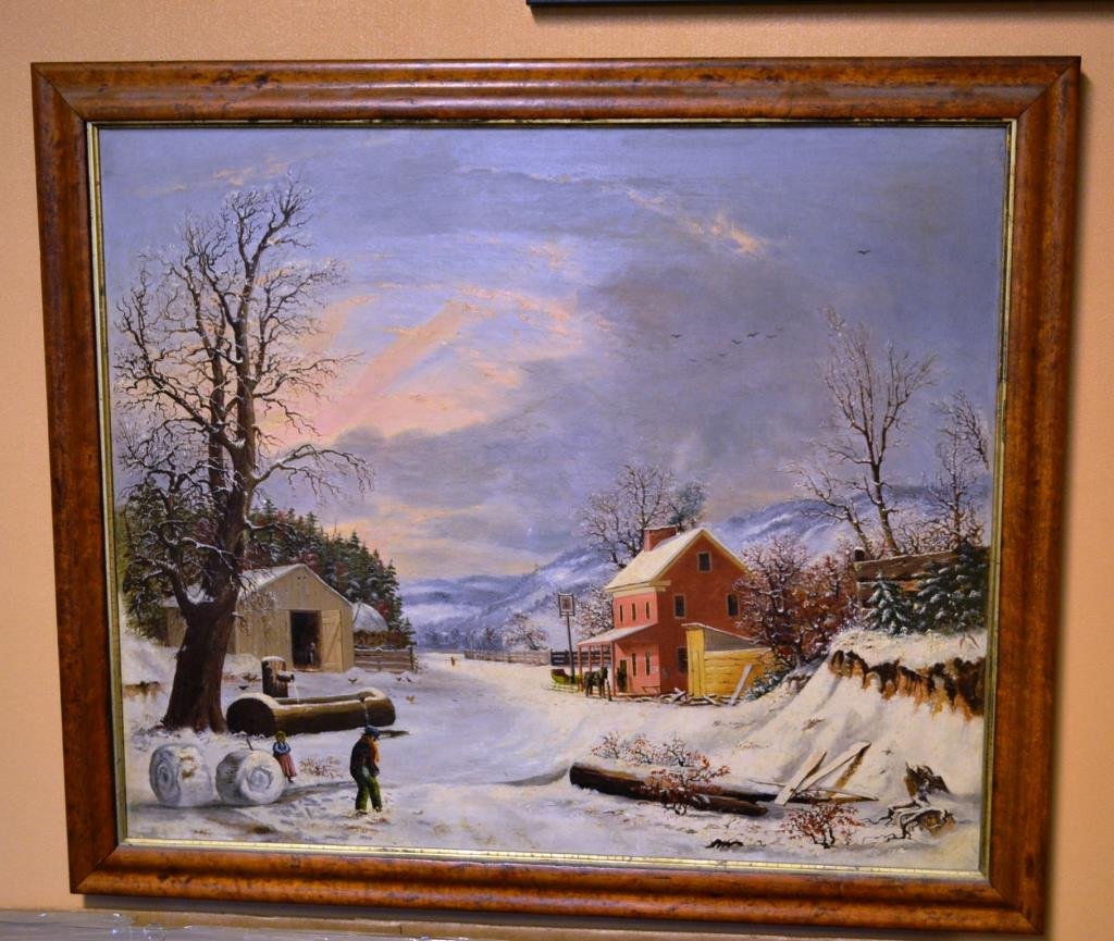 19th or Early 20th C European Oil on Canvas: 19th C European oil on canvas of a winter landscape, Birdseye Maple frame, some restorations, measures 29" x 34.5" OD