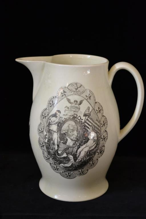 18th C George Washington Liverpool Pitcher: Unlisted Patriotic & Historic Liverpool Creamware Pitcher ; ?American Heraldic Eagle With 15 Stars?c. 1795; Historic Liverpool Creamware Pitcher, with Two Transfers Images of; George Washington suroun