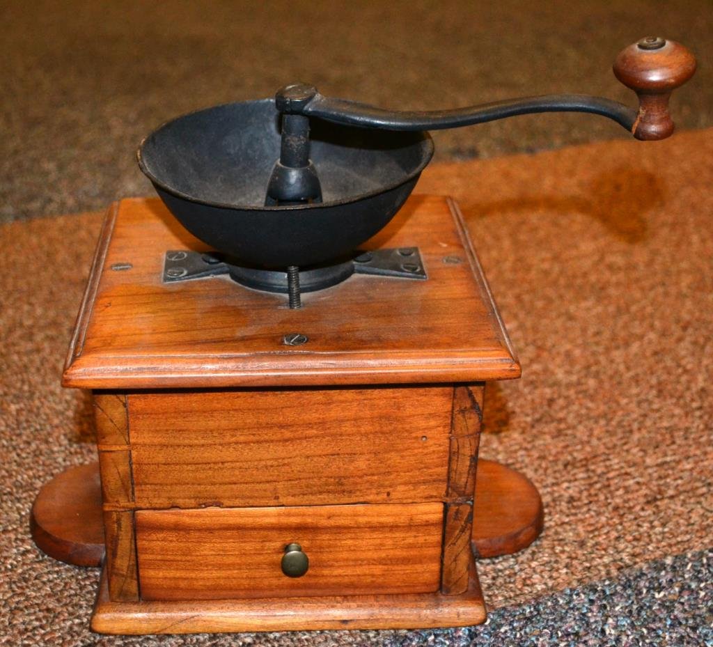Antique Coffee Mill: This nice, early, coffee mill is constructed with dove-tailed corners and includes the original drawer
