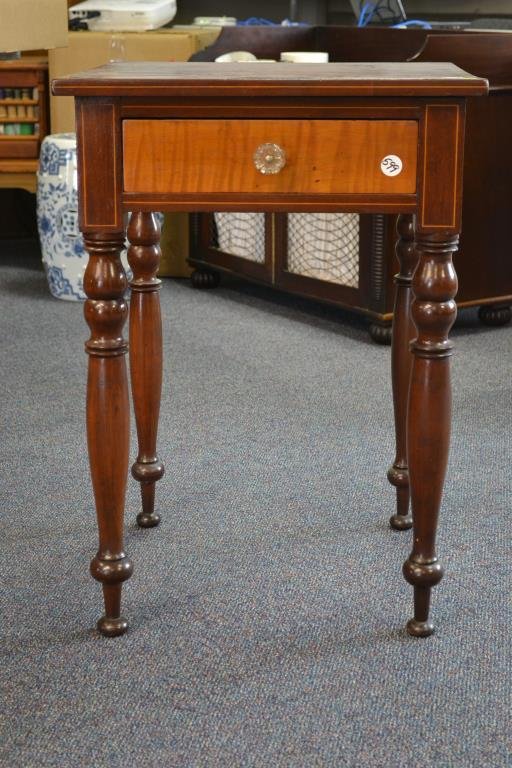 Sheraton One Drawer Stand: Sheraton one drawer stand with maple and line inlay dovetailed construction, 29.5" x 21 3/4" x 21 3/4"