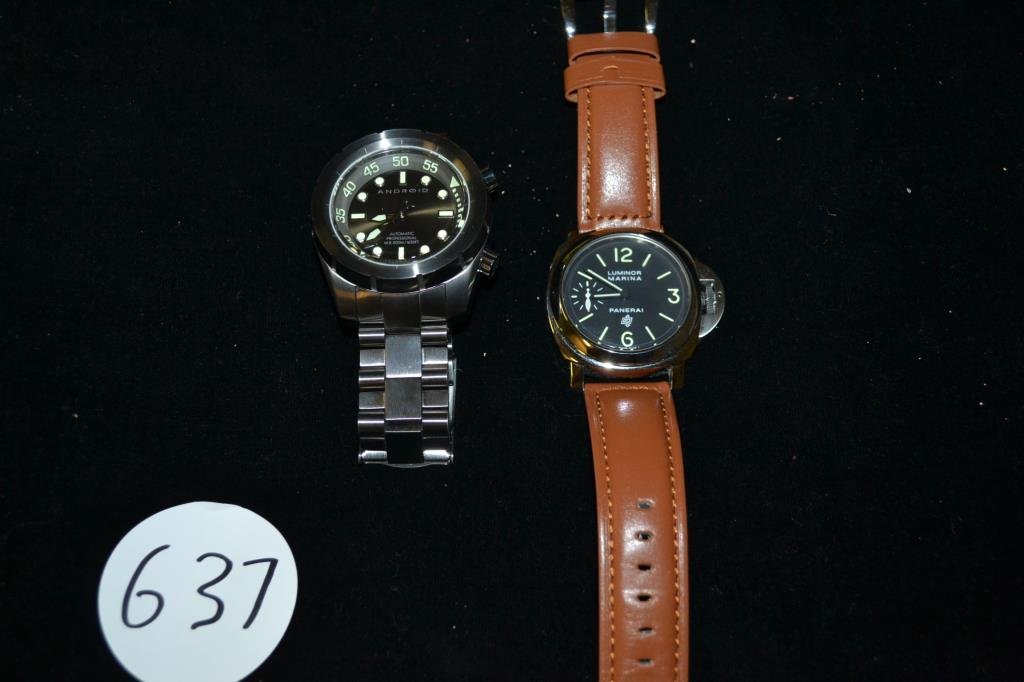 Panerai & Android wrist watches.: Luminor Marina, H0035/2000, PB519494 OP6567, brown leather band & W.R. 500M/1650Ft, dark tone stainless.