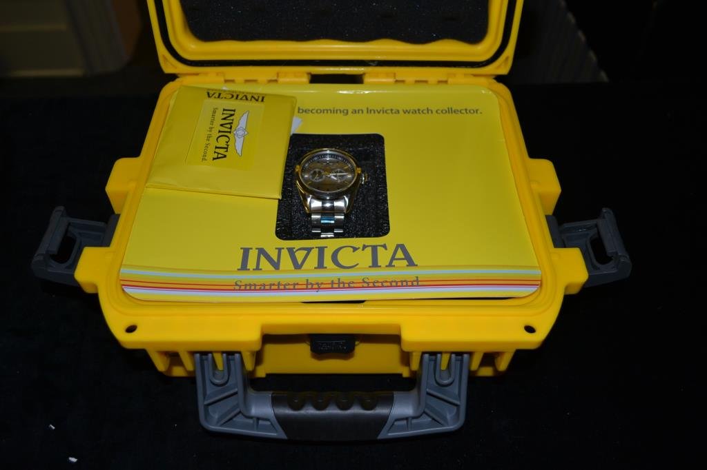 Invicta Watch and Hard Case: Invicta Limited Edition men's wristwatch, in a yellow Invicta hard case